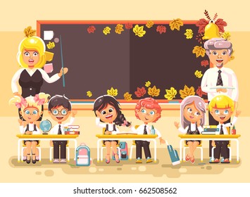 Stock vector illustration back to school cartoon characters schoolboy schoolgirls pupils apprentices teachers studying in classroom sitting at staple with textbooks on background blackboard flat style