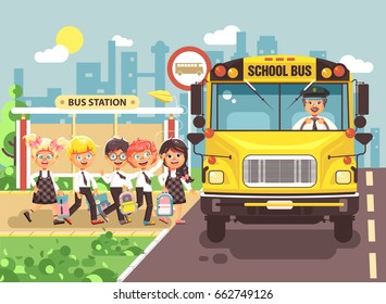 Stock vector illustration back to school cartoon characters schoolboy schoolgirls pupils apprentices cute cheerful children at stop go board bus with driver on city background in flat style