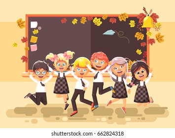 Stock vector illustration back to school cartoon characters schoolboys schoolgirls pupils apprentices happy classmates jumping in classroom at autumn blackboard September background flat style