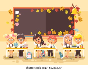 Stock vector illustration back to school cartoon characters schoolboy schoolgirls pupils apprentices studying in classroom happy classmates sitting at staple on autumn blackboard background flat style