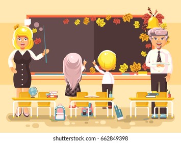 Stock vector illustration back to school cartoon characters schoolboy schoolgirl pupils apprentices teachers study in empty classroom stand at staple write on blackboard flat style autumn background