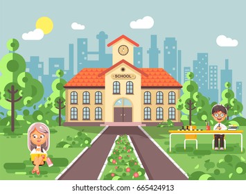 Stock vector illustration back to school character schoolgirl schoolboy pupil sitting on grass, exterior schoolyard, girl reads book, boy doing homework at table, gymnasium background in flat style