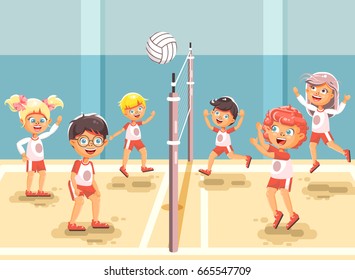 Stock vector illustration back to sport school children character schoolgirl schoolboy pupil classmates team game playing volleyball ball physical education class gymnasium gym background flat style