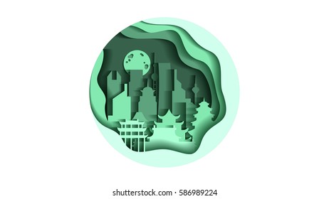 Stock vector illustration background circle icon in flat style architecture buildings and monuments town city country travel flyer, printed Chinese Bungalows, China, Beijing, Shanghai, Chinese culture