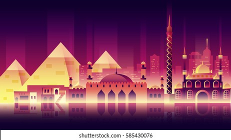 Stock vector illustration background city night neon style architecture buildings and monuments town country travel Egypt, Egyptian pyramids, Sphinx, Cairo, Egyptian Culture, deserts neon style