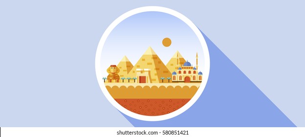Stock vector illustration background icon circle flat style architecture buildings and monuments town city country travel Egypt, Egyptian pyramids, Sphinx, Cairo, Egyptian Culture, deserts flat style