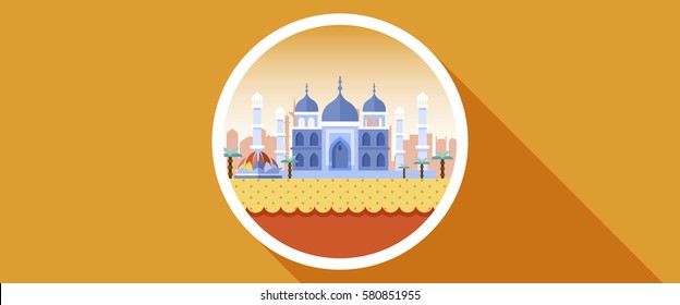 Stock vector illustration background icon circle flat style architecture buildings monuments town city country travel printed materials, cover, India, monuments, Taj Mahal, New Delhi, Culture, Mumbai