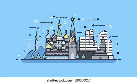 Stock vector illustration background icon linear style architecture buildings and monuments town city country travel printed materials, Russia Moscow, Russian culture, landscape, Kremlin, capital