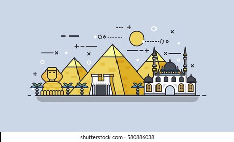 Icono de fondo vectorial material arquitectura de estilo lineal edificios y monumentos ciudad ciudad ciudad viaje Egipto, pirámides egipcias, Esfinge, El Cairo, Cultura Egipcia, deserta estilo plano