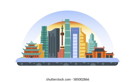 Stock vector illustration background icon in flat style architecture buildings and monuments town city country travel flyer, printed Chinese Bungalows, China, Beijing, Shanghai, Chinese culture