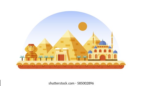 Stock vector illustration background icon in flat style architecture buildings and monuments town city country travel Egypt, Egyptian pyramids, Sphinx, Cairo, Egyptian Culture, deserts flat style