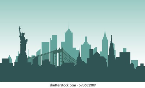 Stock vector illustration background silhouette architecture buildings and monuments town city country travel USA, welcome New York, Statue of Liberty, United States of America, bridge, skyscrapers