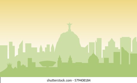 Stock vector illustration background silhouette architecture buildings town city country travel Brazil South America, Rio de Janeiro statue Christ Savior, top mountain, Corcovado, skyscrapers, welcome