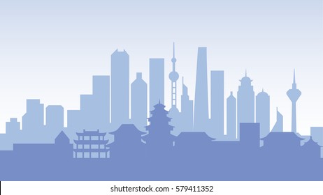 Stock vector illustration background silhouette architecture buildings and monuments town city country travel flyer, printed Chinese Bungalows, China, Beijing, Shanghai, Chinese culture, Chinatown