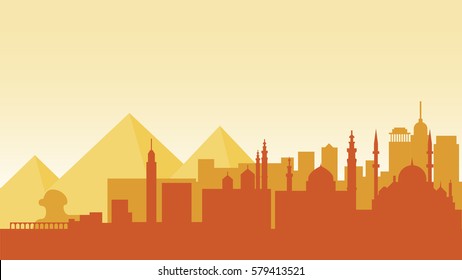 Stock vector illustration background silhouette architecture buildings and monuments town city country travel Egypt, Egyptian pyramids, Sphinx, Cairo, Egyptian Culture, deserts in flat style