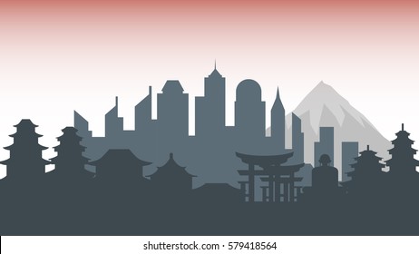 Stock vector illustration background silhouette architecture buildings and monuments town city country travel printed materials, cover, Japan, monuments, Tokyo, Japanese culture, landscape, mountain