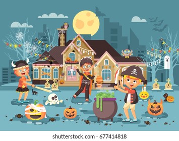 Stock vector illustration banner brochure cartoon character child Trick-or-Treat, boy costume fancy dresses Viking pirate with sword, vampire celebrate holiday party Happy Halloween pumpkin flat style