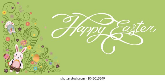 Stock vector illustration banner inscription hand lettering calligraphy typography Happy Easter bunny, rabbit, hare, lapin colored Easter eggs, spring decoration flower element design white background