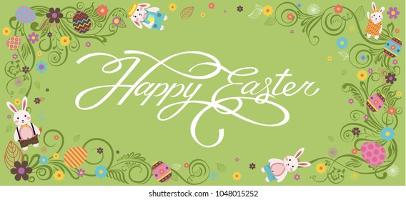 Stock vector illustration banner inscription hand lettering calligraphy typography Happy Easter bunny, rabbit, hare, lapin colored Easter eggs, spring decoration flower element design white background