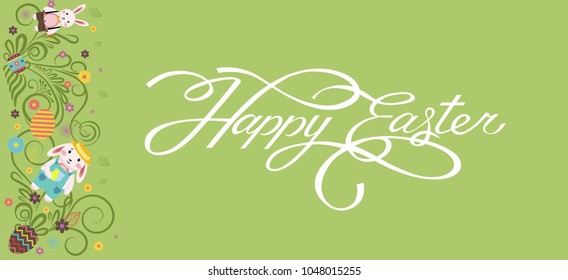 Stock vector illustration banner inscription hand lettering calligraphy typography Happy Easter bunny, rabbit, hare, lapin colored Easter eggs, spring decoration flower element design white background