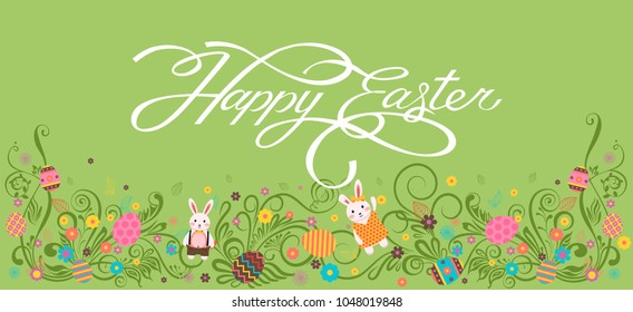 Stock vector illustration banner inscription hand lettering calligraphy typography Happy Easter bunny, rabbit, hare, lapin colored Easter eggs, spring decoration flower element design white background