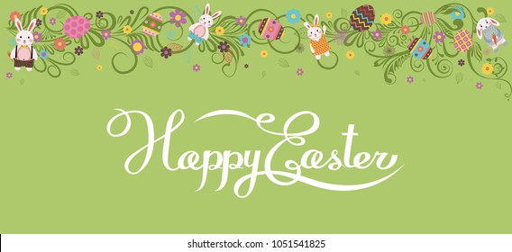 Stock vector illustration banner inscription hand lettering calligraphy typography Happy Easter bunny, rabbit, hare, lapin colored Easter eggs, spring decoration flower element design white background