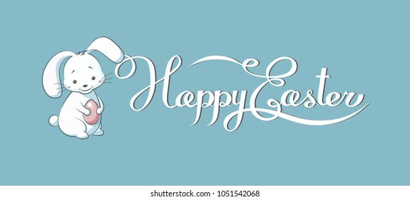 Stock vector illustration banner inscription hand lettering calligraphy typography Happy Easter bunny, rabbit, hare, lapin holding colored Easter egg, spring decoration element design blue background