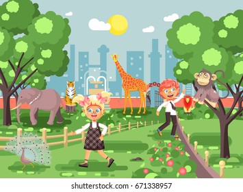 Stock vector illustration or banner for site with schoolchildren, classmates on walk, school zoo excursion zoological garden, boy and girl watching wild animals and birds flat style, city background