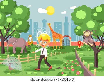Stock vector illustration banner for site with schoolchild on walk, school zoo excursion zoological garden, blonde little boy monkey,  peacock, elephant, lion, tiger, giraffe, wild animals flat style