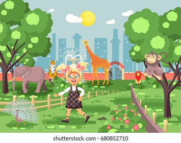 Stock vector illustration banner for site with schoolchild on walk, school zoo excursion zoological garden, blonde little girl monkey,  peacock, elephant, lion, tiger, giraffe, wild animals flat style