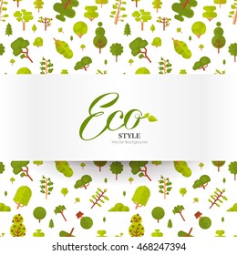 Stock vector illustration of banner or strip of paper with lettering on seamless pattern, green trees and bushes on a white background in a flat style for Environmental Design, eco, ecology