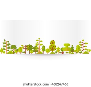 Stock vector illustration of bare banner or strip of paper with green trees and bushes on a white background in a flat style for Environmental Design, eco, ecology