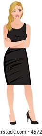 Stock Vector illustration. Beautiful confident young blond woman in full length isolated on white background and dressed in an elegant black dress