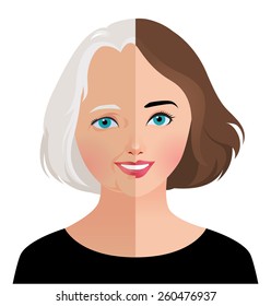 Stock vector illustration of beauty and skin care woman face before and after rejuvenation facelift/Concept beauty and rejuvenation of skin aging/Stock vector illustration