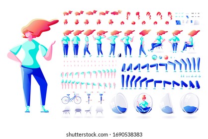 Stock vector illustration big set kit collection isolated constructor modern style body element character woman female pose gestures front view back side action hairstyles for motion design animation