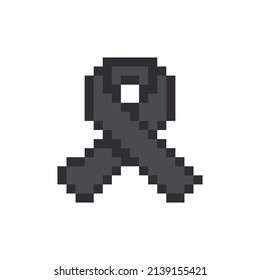 Ilustración vectorial de material píxel de la cinta de reconocimiento negro sobre fondo blanco. Símbolo de duelo y melanoma. Terrorismo. Cinta de duelo, muerte. EPS 10. 8 bits. Arte de píxeles.