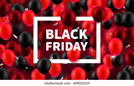 Stock vector illustration Black Friday sale, discounts. Realistic Inflatable flying set balloons colorful frosted light and dark red. Templates for placards, banners, flyers, presentations and reports