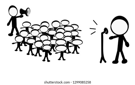 Stock Vector Illustration: Black and white, leader, microphone. People are holding signs, protesting politics, claiming their own ideas.