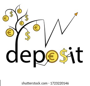 Stock vector illustration in black and yellow colors isolated on a white background. The text is written Deposit. A tree is drawn, on it are dollars and euros, people with money and an up arrow.
