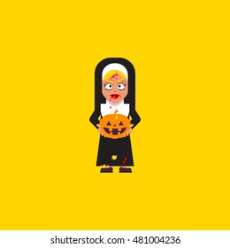 Stock vector illustration a bloody nun with pumpkin character for halloween in a flat style