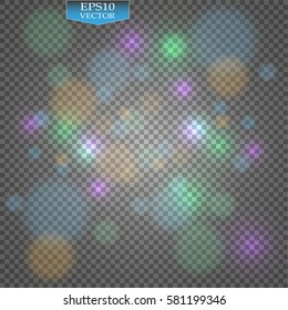 Stock vector illustration bokeh photo effect. Christmas light. Blurred New Year.  Colorful shining  bokeh light isolated on transparent background.