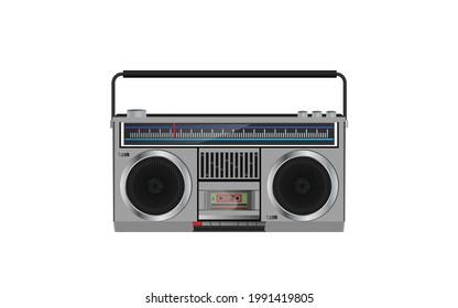 Stock vector illustration boombox. Vintage boombox speaker. Boombox Cassette Stereo Recorder from the Eighties Bass Sound. 