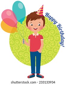Stock Vector illustration of a boy with air balloons celebrating birthday