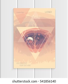 Stock vector illustration brochure design business template with abstract triangles and nature element trees, forest, unusual landscape, decor on light background for printed materials, web sites