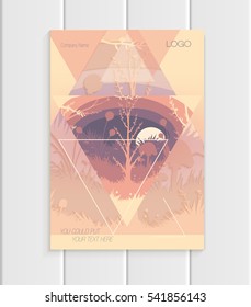 Stock vector illustration brochure design business template with abstract triangles and nature element trees, forest, unusual landscape, decor on light background for printed materials, web sites