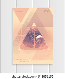 Stock vector illustration brochure design business template with abstract triangles and nature element trees, forest, unusual landscape, decor on light background for printed materials, web sites