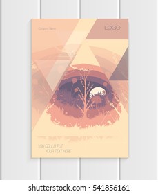 Stock vector illustration brochure design business template with abstract triangles and nature element trees, forest, unusual landscape, decor on light background for printed materials, web sites