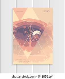 Stock vector illustration brochure design business template with abstract triangles and nature element trees, forest, unusual landscape, decor on light background for printed materials, web sites