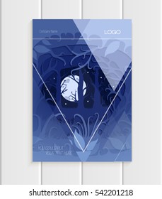 Stock vector illustration brochure design business templates with abstract nature design element trees, forest with full moon unusual landscape, decor on blue background for printed materials, covers
