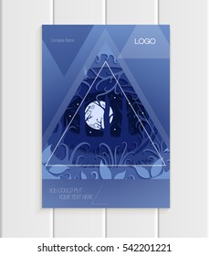 Stock vector illustration brochure design business templates with abstract nature design element trees, forest with full moon unusual landscape, decor on blue background for printed materials, covers